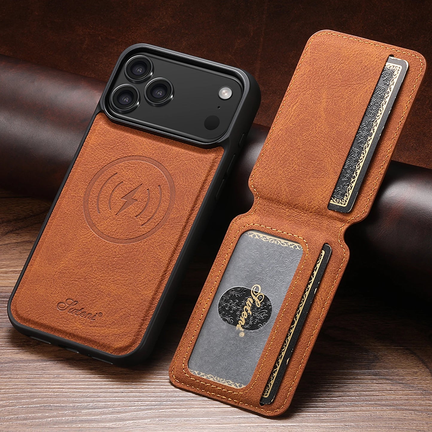 SUTENI Wireless Charging iPhone Case with Card Holder & Stand