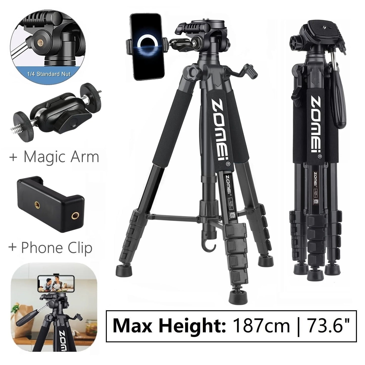 Zomei 187cm Aluminium Tripod for DSLR & Smartphones