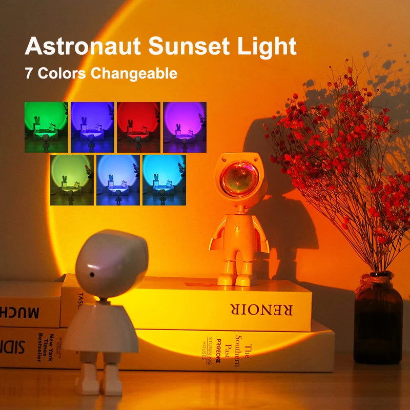 Astronaut Sunset & Rainbow Projector Lamp – 360° Rotating, 7-Colour LED