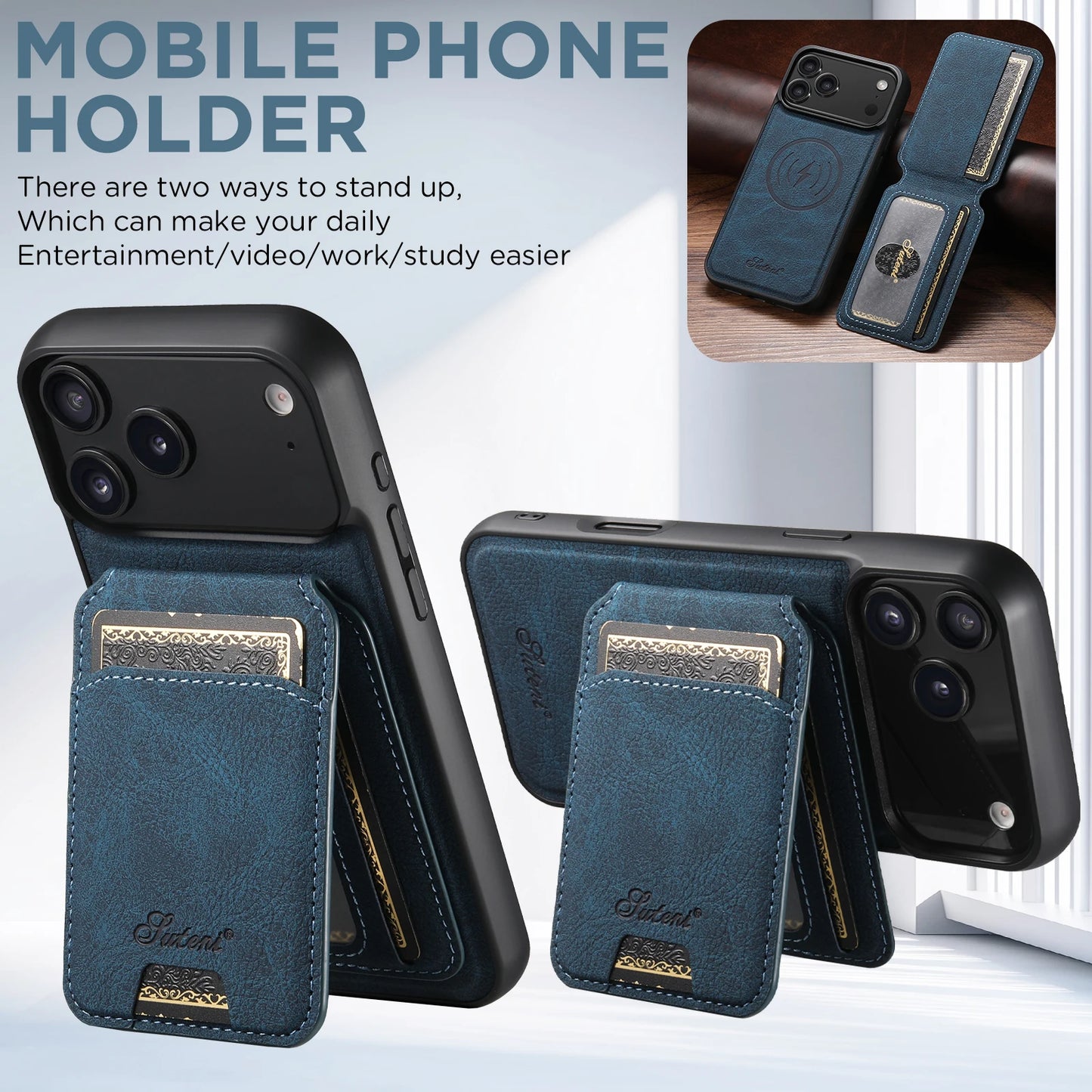 SUTENI Wireless Charging iPhone Case with Card Holder & Stand