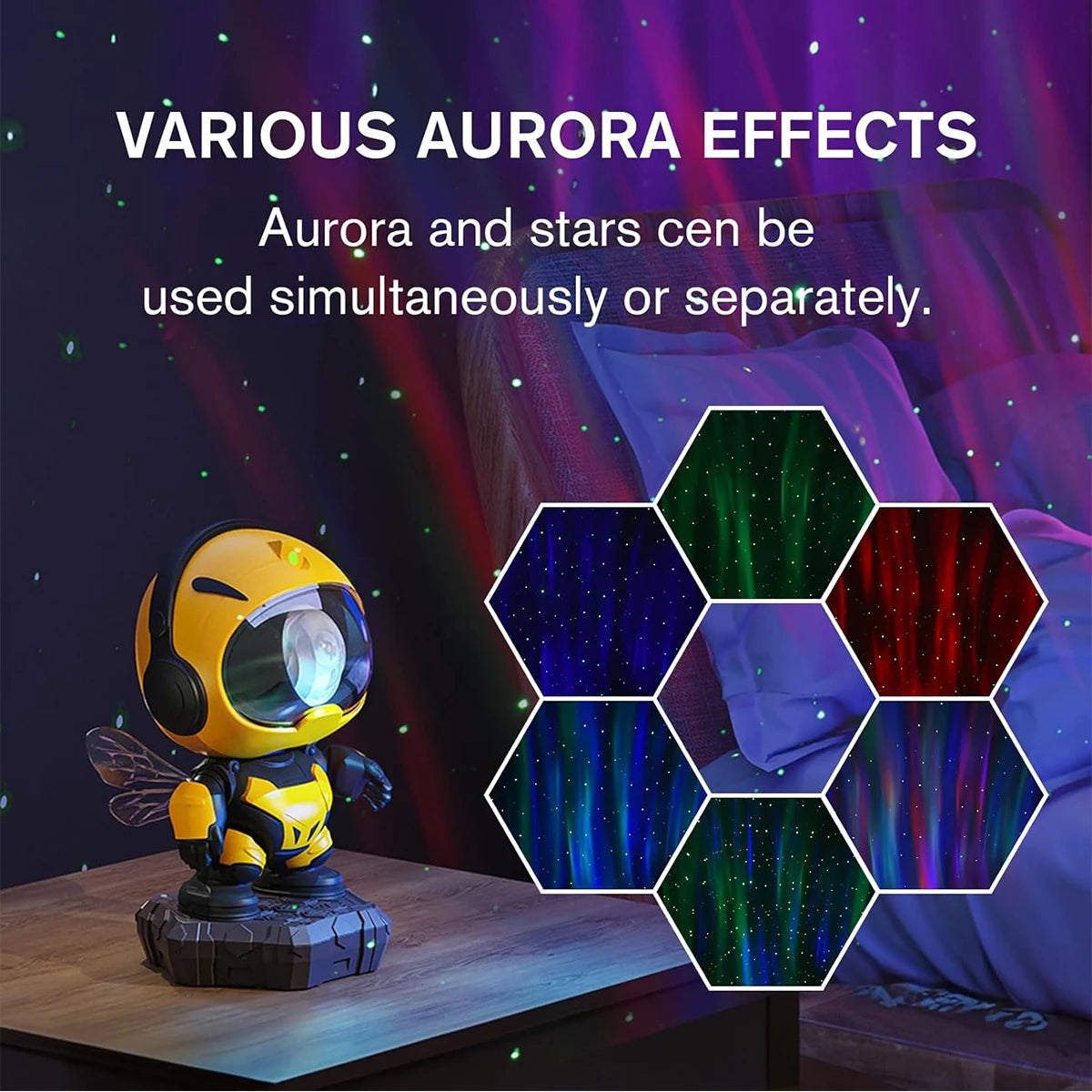 Bee Astronaut Galaxy Star Projector Night Light for Kids with Remote