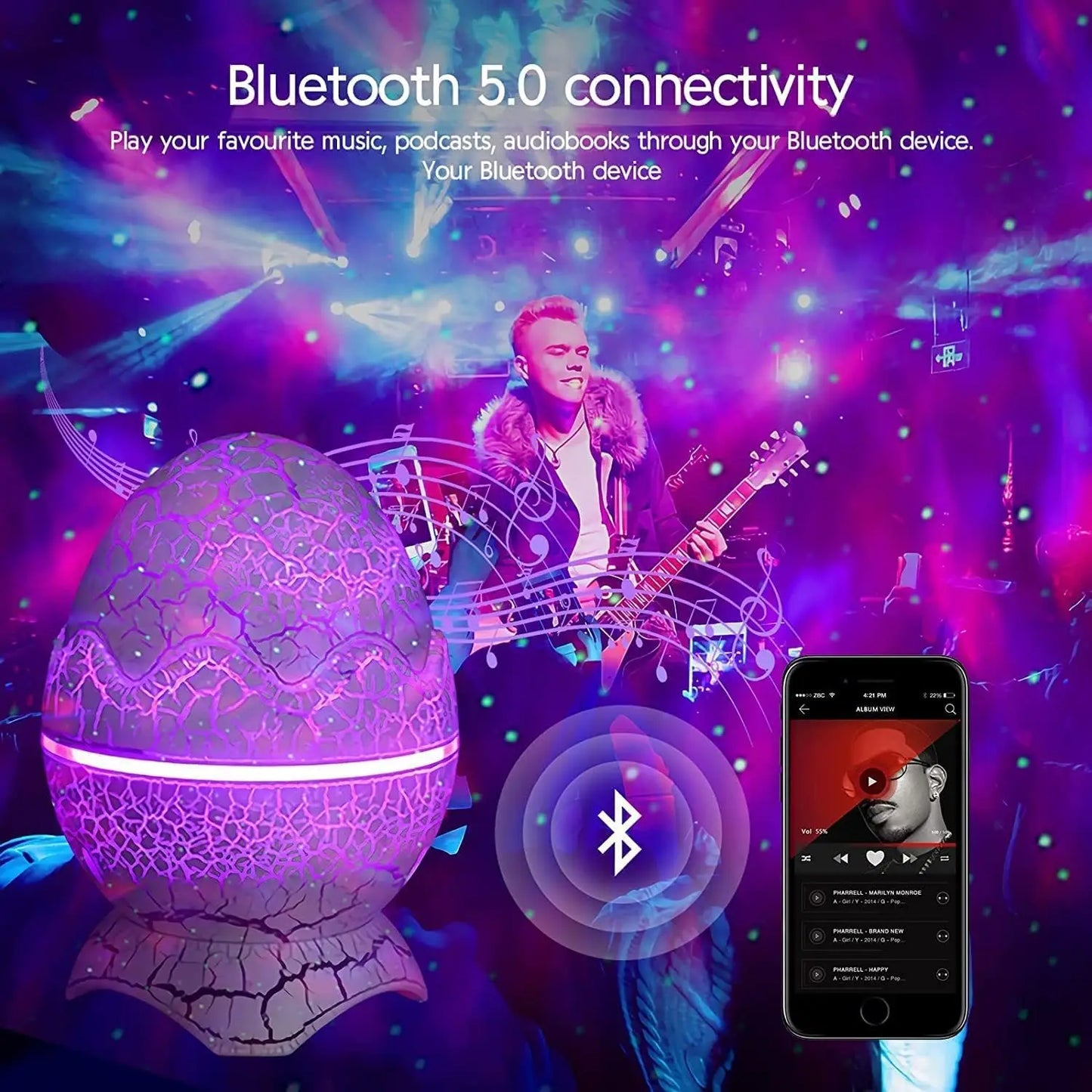 Dinosaur Egg Galaxy Projector – Star Night Light with Bluetooth Speaker
