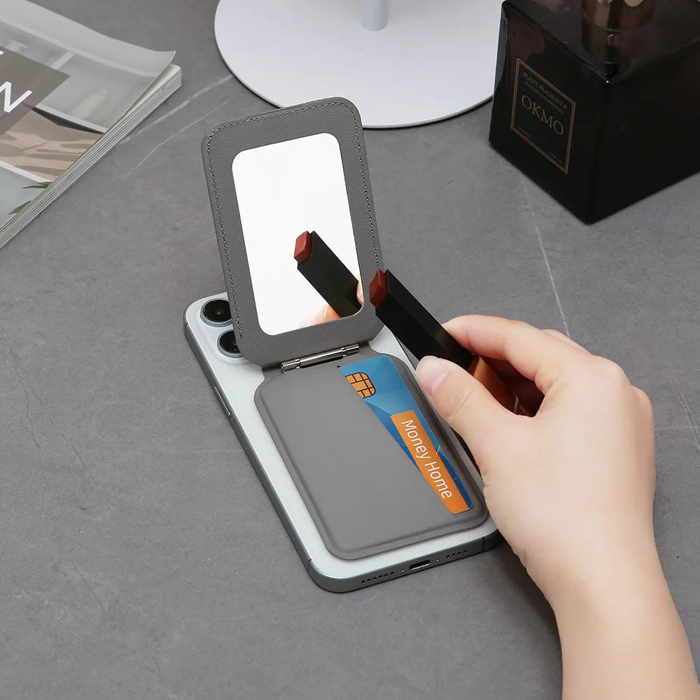 Magnetic Wallet Phone Stand with Mirror & MagSafe – PU Leather