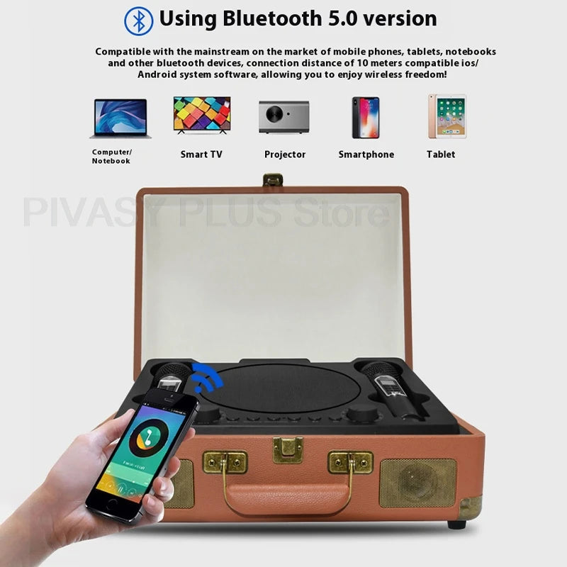 Retro 45W Karaoke Bluetooth Speaker with Dual Wireless Microphones