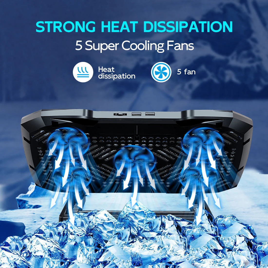 COOLCOLD Laptop Cooling Pad – 5 Quiet Fans, Phone Holder, 12–17"