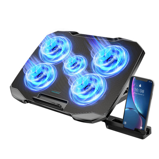 COOLCOLD Laptop Cooling Pad – 5 Quiet Fans, Phone Holder, 12–17"