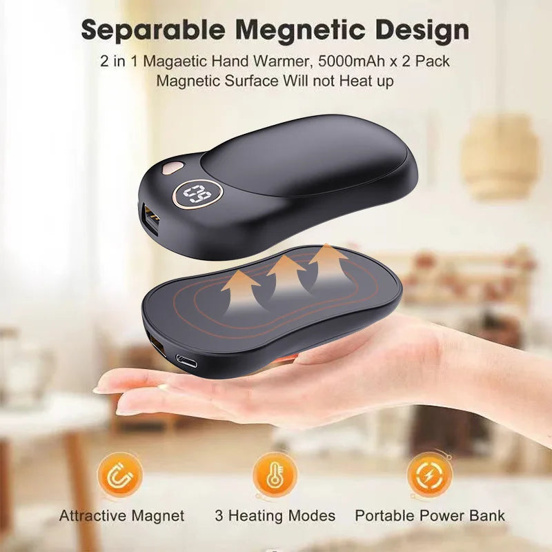 Magnetic Split-Type Hand Warmer & Power Bank – USB Self-Heating