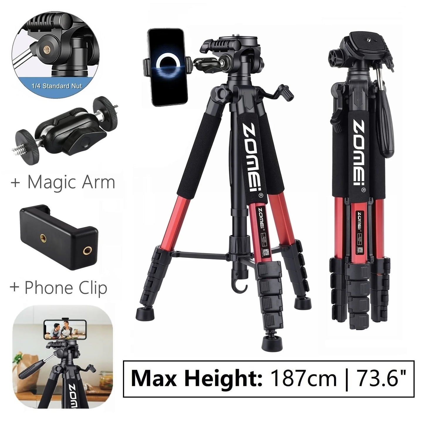 Zomei 187cm Aluminium Tripod for DSLR & Smartphones