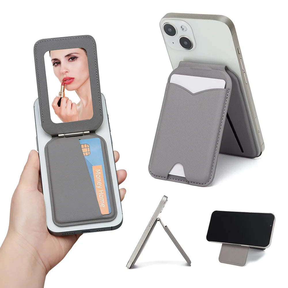 Magnetic Wallet Phone Stand with Mirror & MagSafe – PU Leather