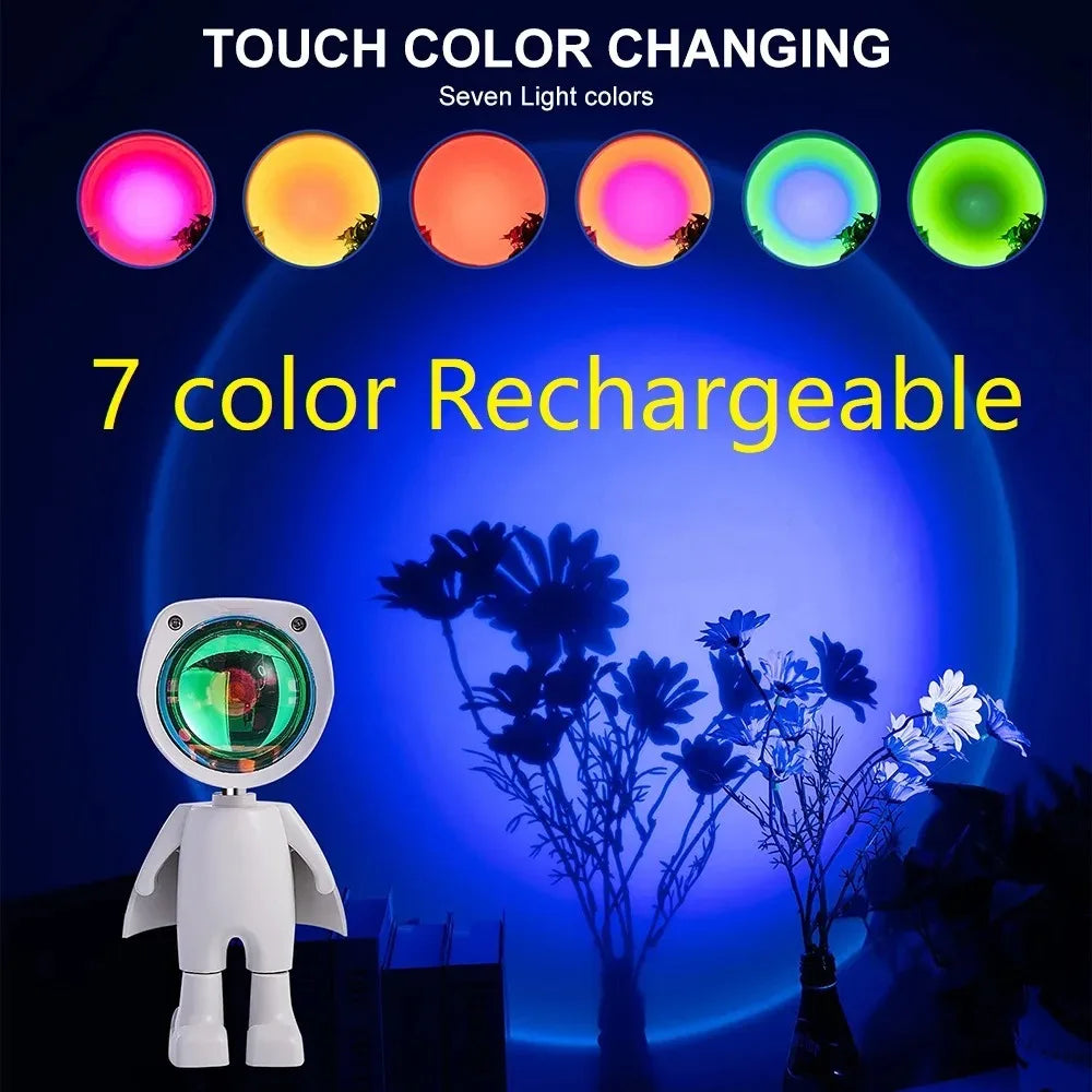 Astronaut Sunset & Rainbow Projector Lamp – 360° Rotating, 7-Colour LED