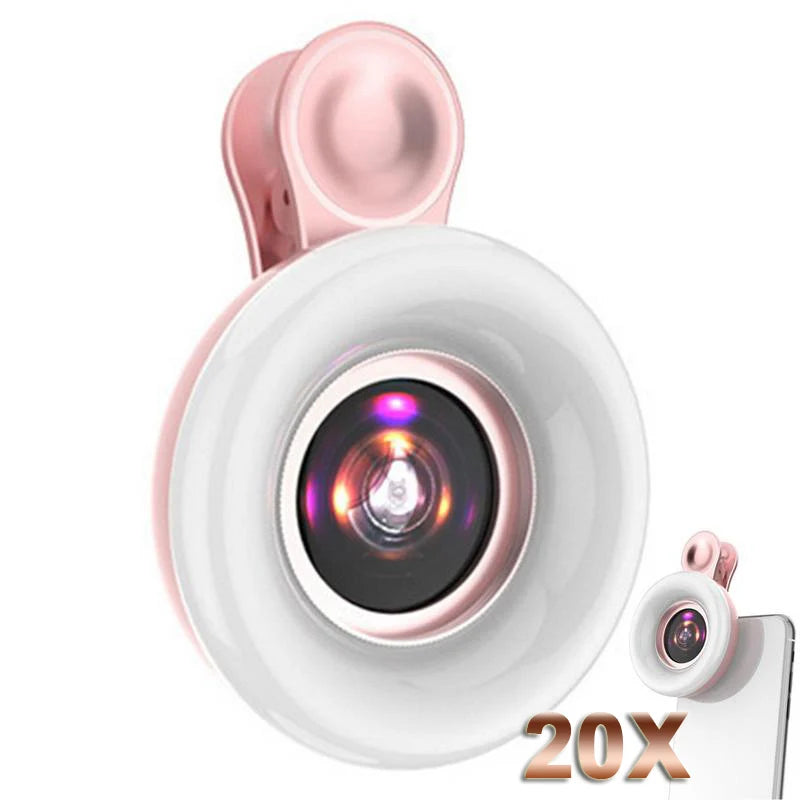 20X Macro Lens with LED Ring Fill Light – Clip-On for Smartphone