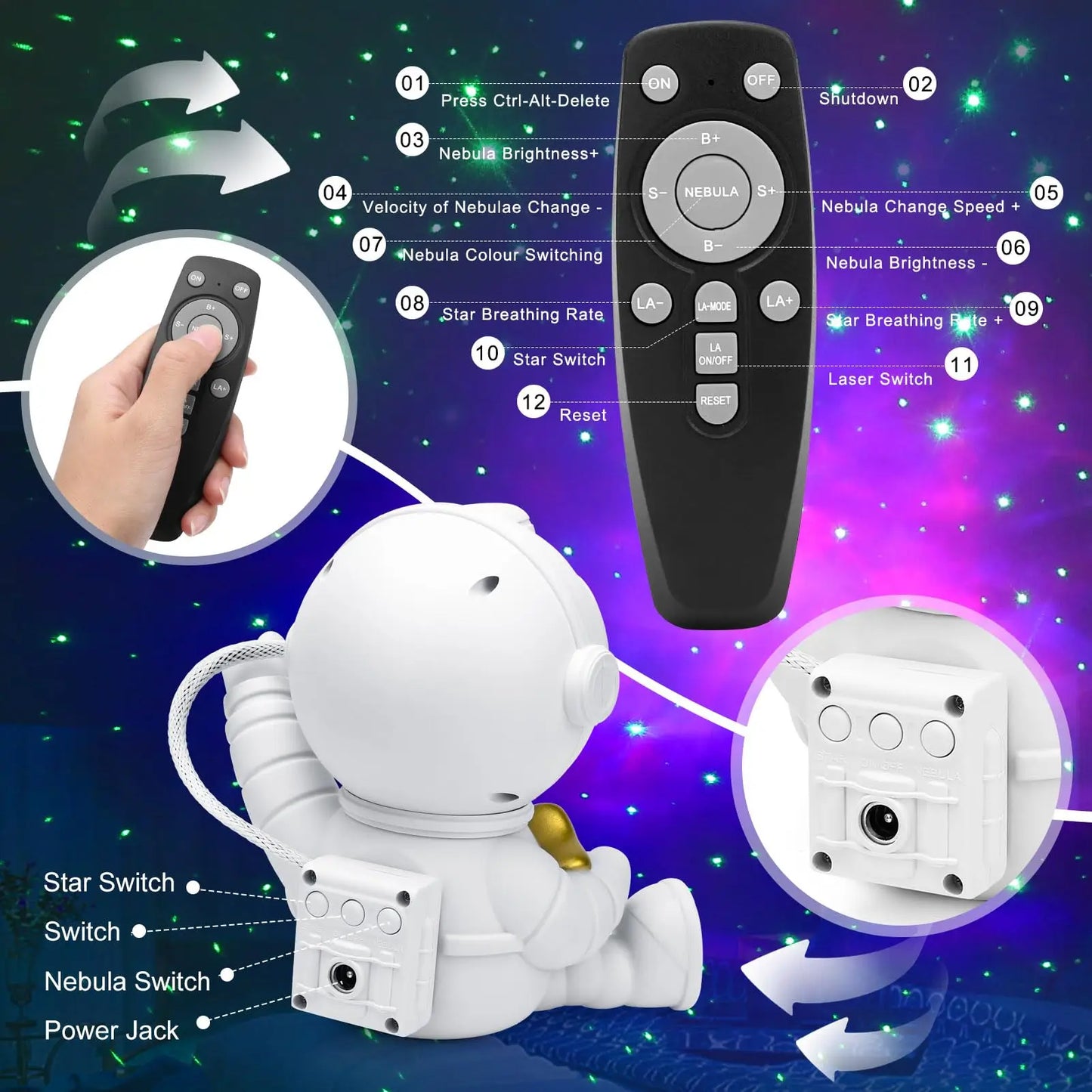 Astronaut Galaxy Star Projector – 360° Rotating with Timer & Remote