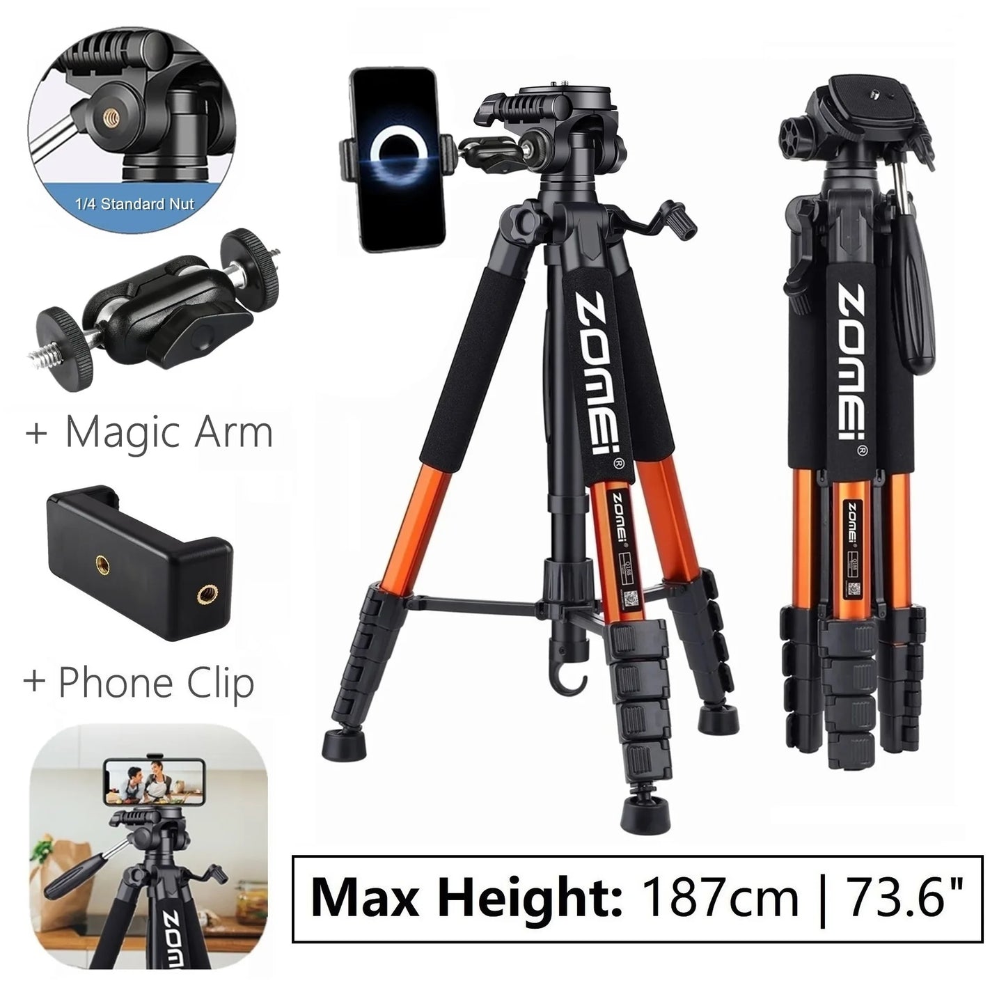 Zomei 187cm Aluminium Tripod for DSLR & Smartphones
