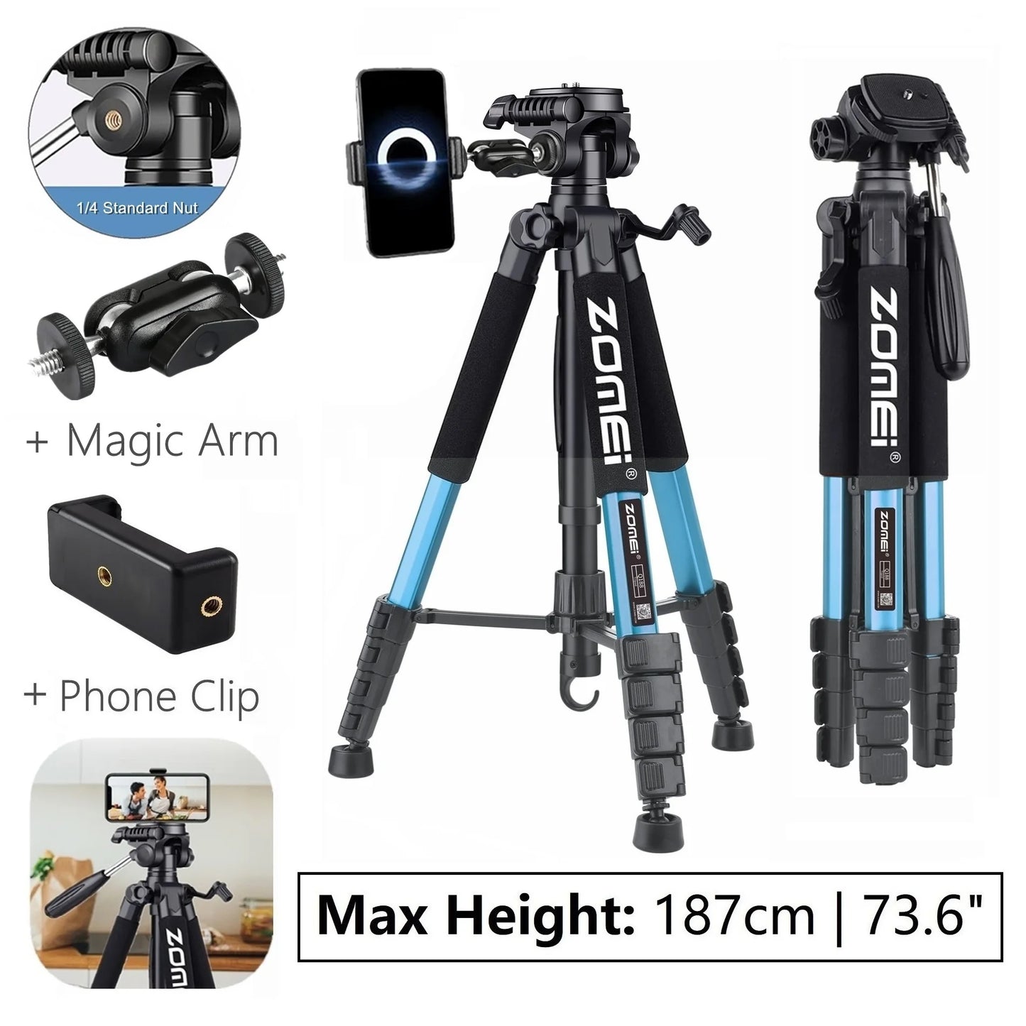 Zomei 187cm Aluminium Tripod for DSLR & Smartphones