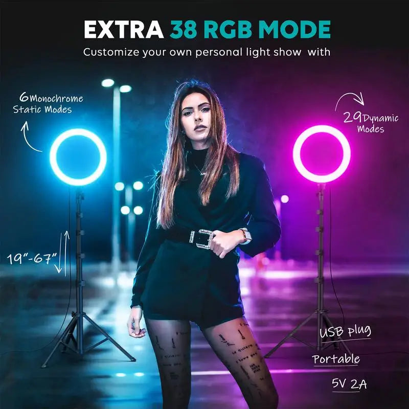 Dimmable RGB Ring Light with 2.1m Stand for Studio & Video