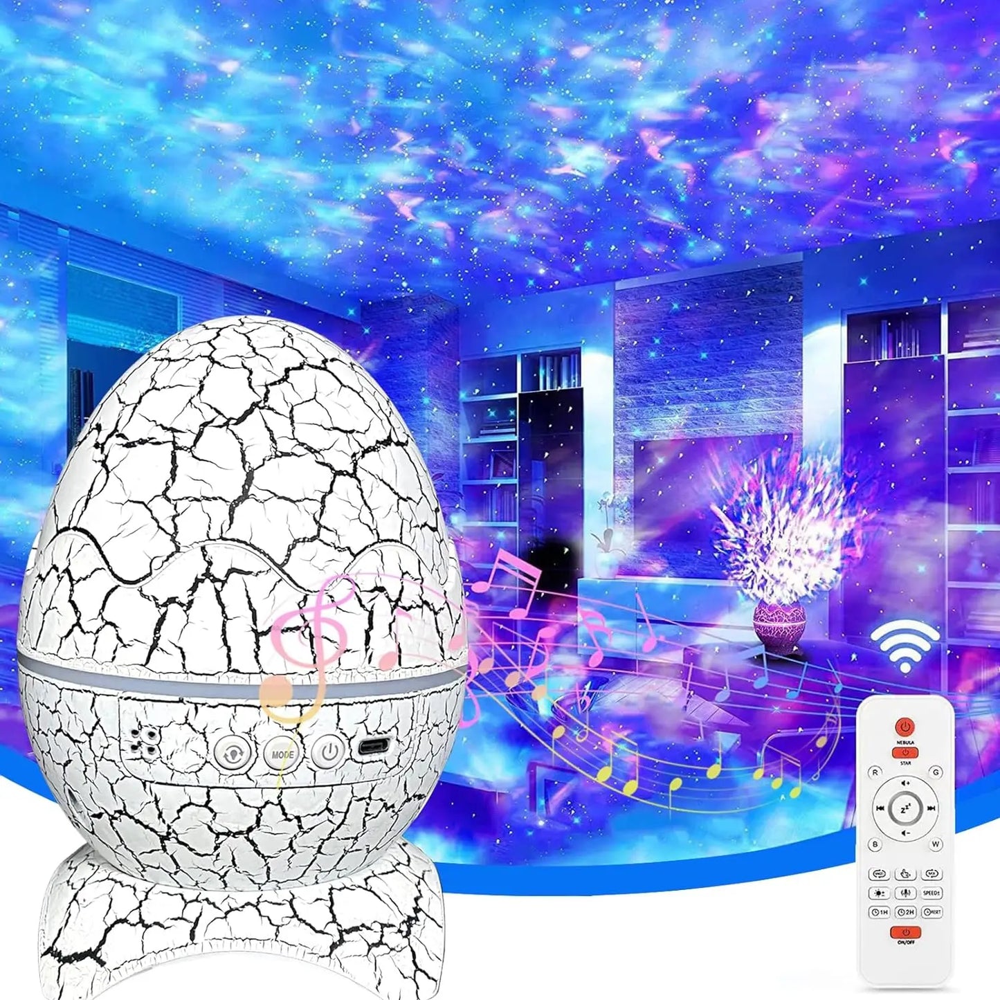 Dinosaur Egg Galaxy Projector – Star Night Light with Bluetooth Speaker
