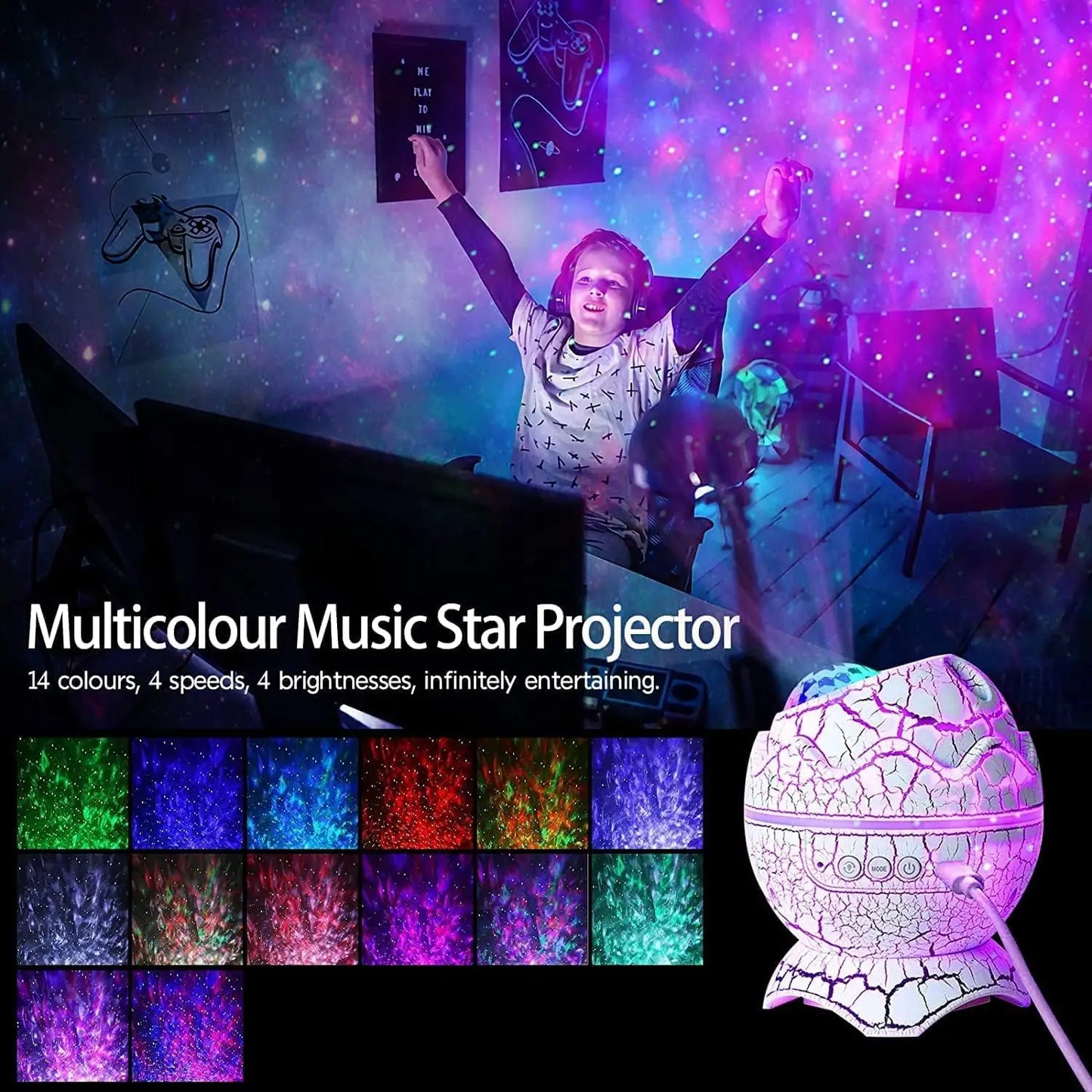 Dinosaur Egg Galaxy Projector – Star Night Light with Bluetooth Speaker