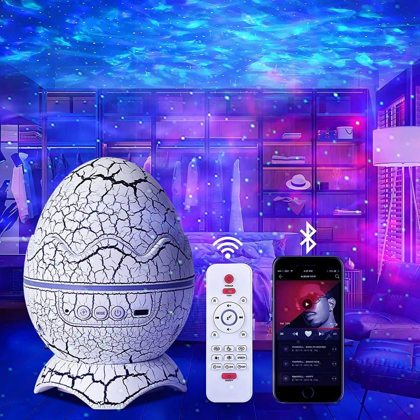Dinosaur Egg Galaxy Projector – Star Night Light with Bluetooth Speaker