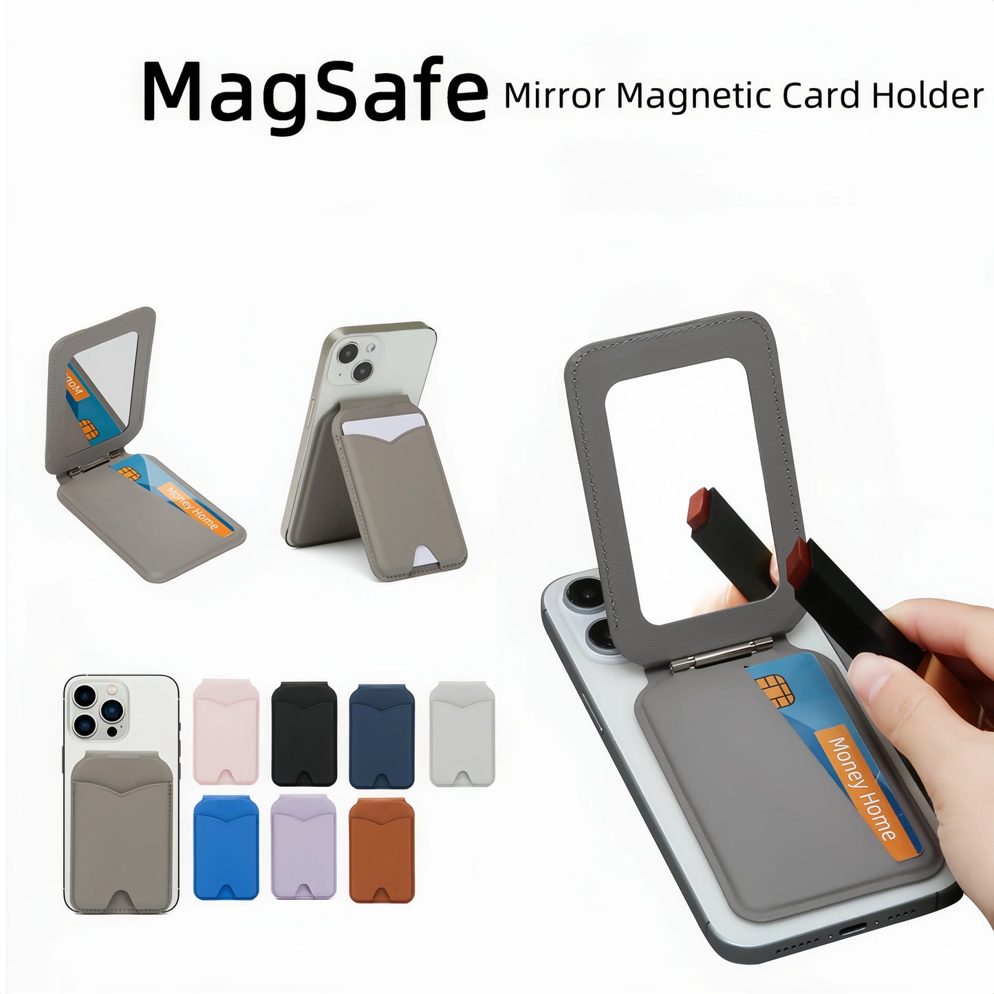 Magnetic Wallet Phone Stand with Mirror & MagSafe – PU Leather