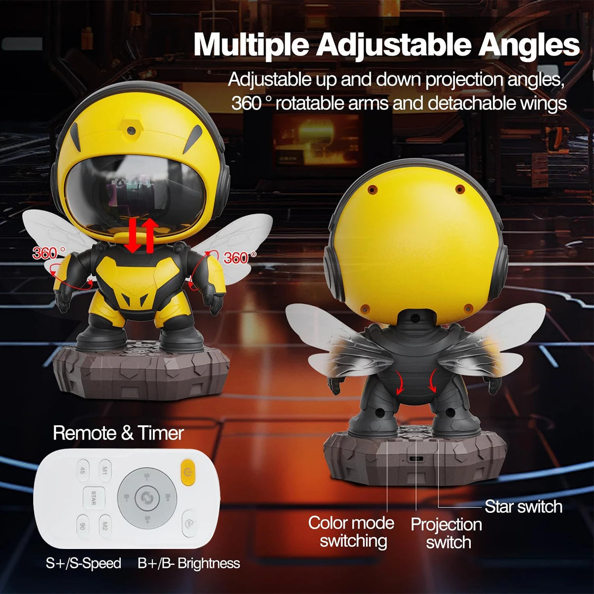Bee Astronaut Galaxy Star Projector Night Light for Kids with Remote