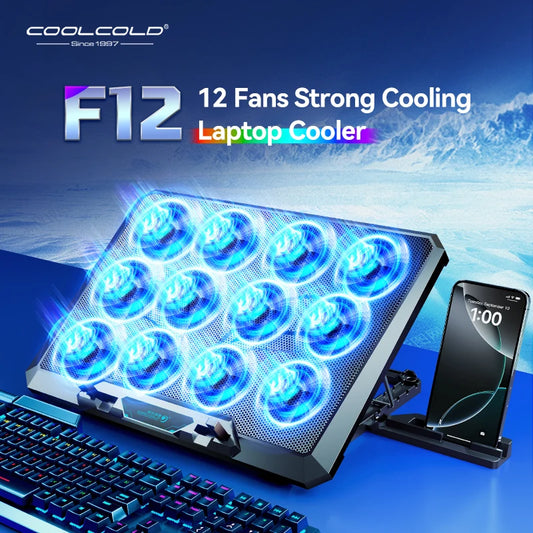 COOLCOLD Gaming Laptop Cooling Pad – 12 Fans, Phone Holder, 12–17.3"